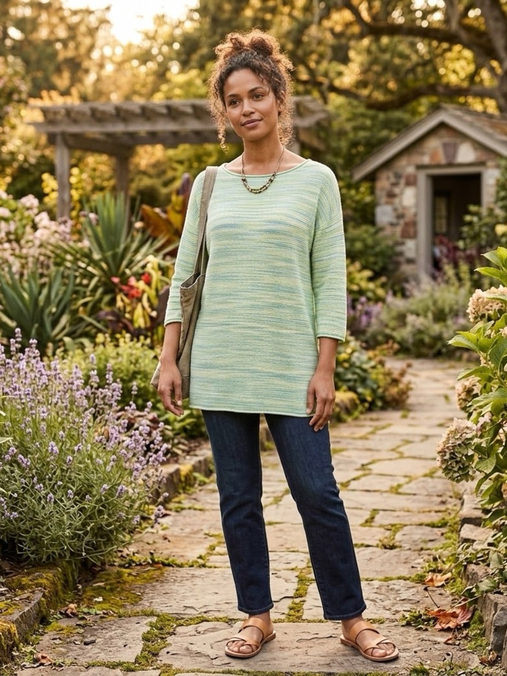 Talbots L Multicolor Green Waffle Weave Drop Shoulder Tunic Sweater